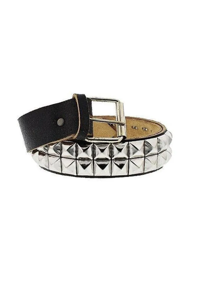 2-Row Pyramid Studded Black Cracked Leather Belt - Orion