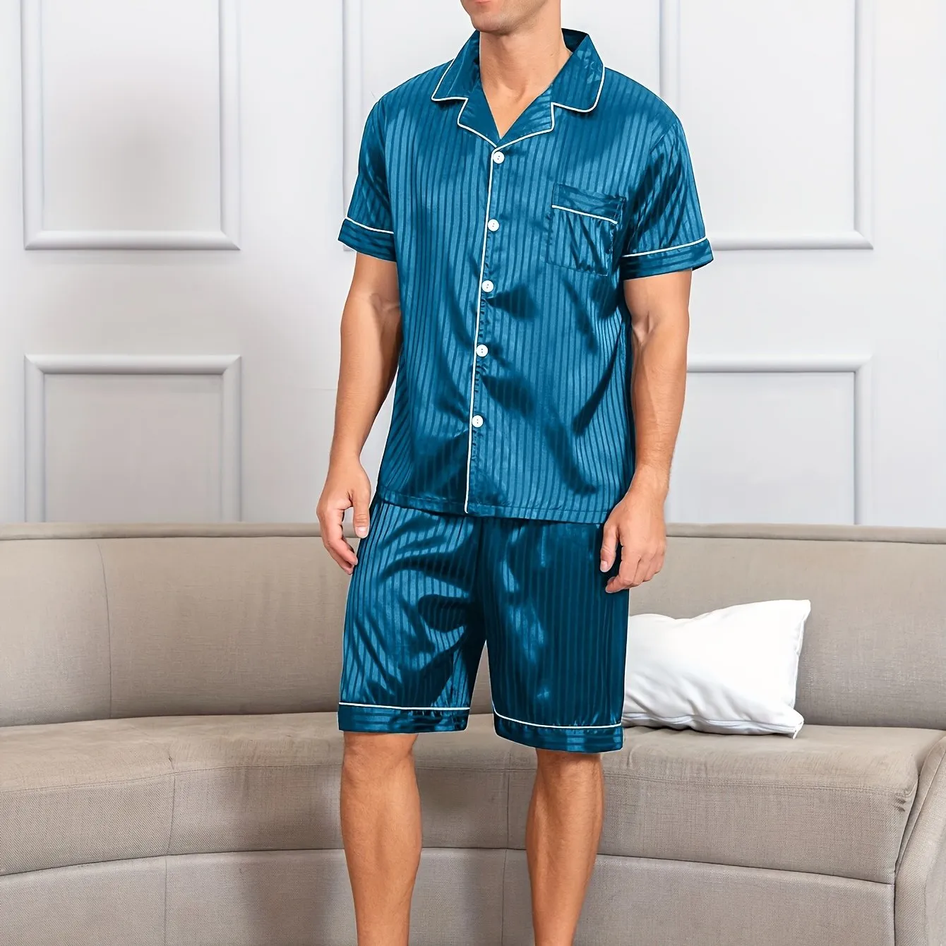 2pcs Men's Breathable Summer Pajama Set - Soft Loose-Fit Short Sleeve Shirt & Shorts with Elastic Waist for Comfortable Indoor Lounge Wear