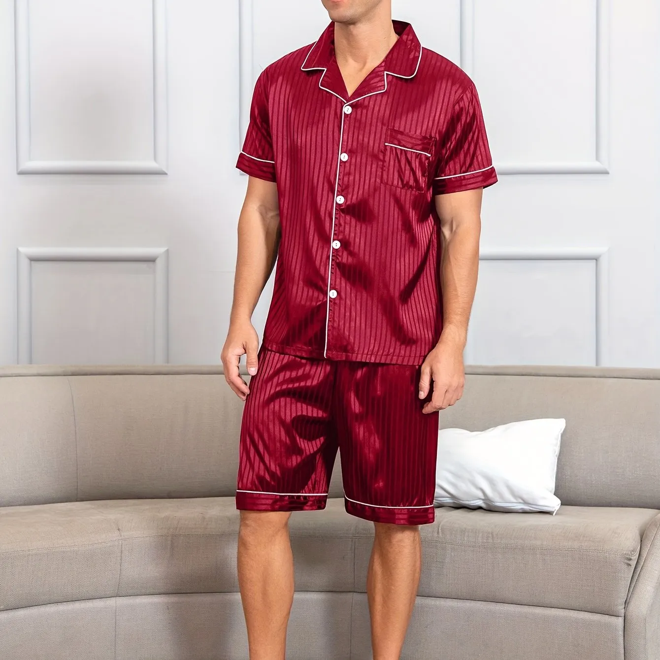 2pcs Men's Breathable Summer Pajama Set - Soft Loose-Fit Short Sleeve Shirt & Shorts with Elastic Waist for Comfortable Indoor Lounge Wear