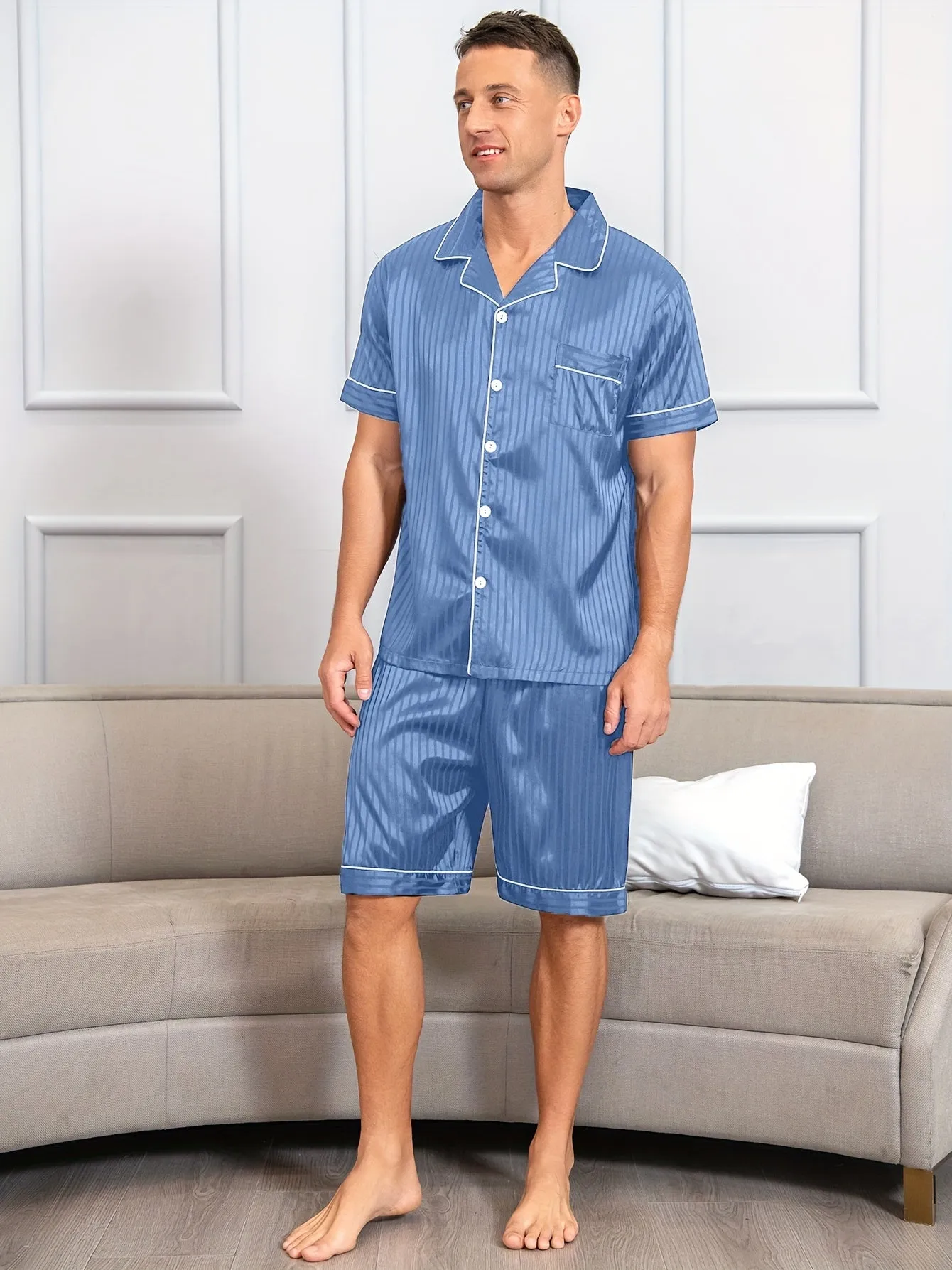 2pcs Men's Breathable Summer Pajama Set - Soft Loose-Fit Short Sleeve Shirt & Shorts with Elastic Waist for Comfortable Indoor Lounge Wear