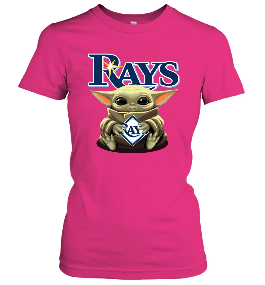 Baby Yoda Hugs Loves The Tampa Bay Rays Baseball Womens T-Shirt