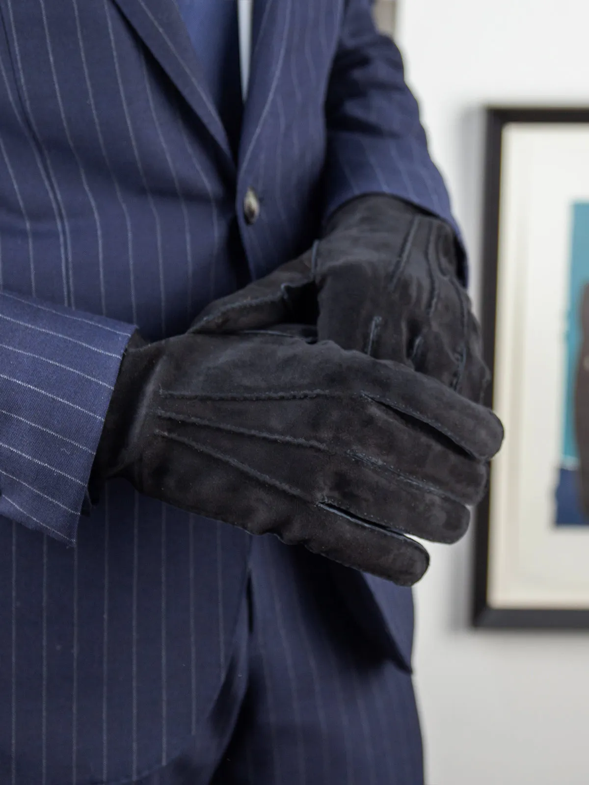 Black Cashmere-Lined Suede Leather Gloves