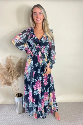 Black Floral V Neck Maxi Dress