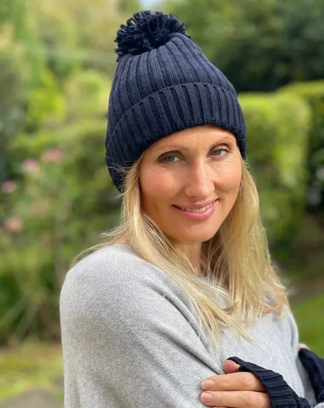 Cashmere Knit Pom Pom Hat - Navy