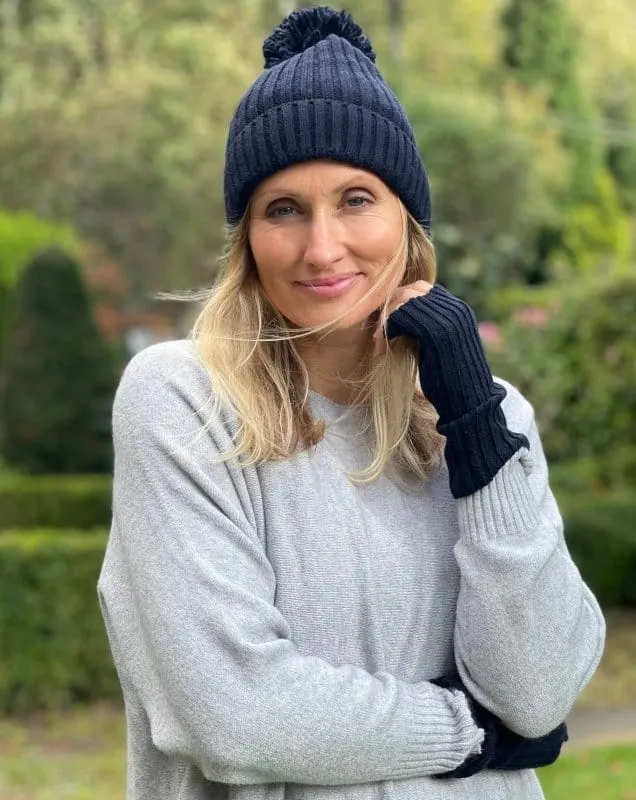 Cashmere Knit Pom Pom Hat - Navy