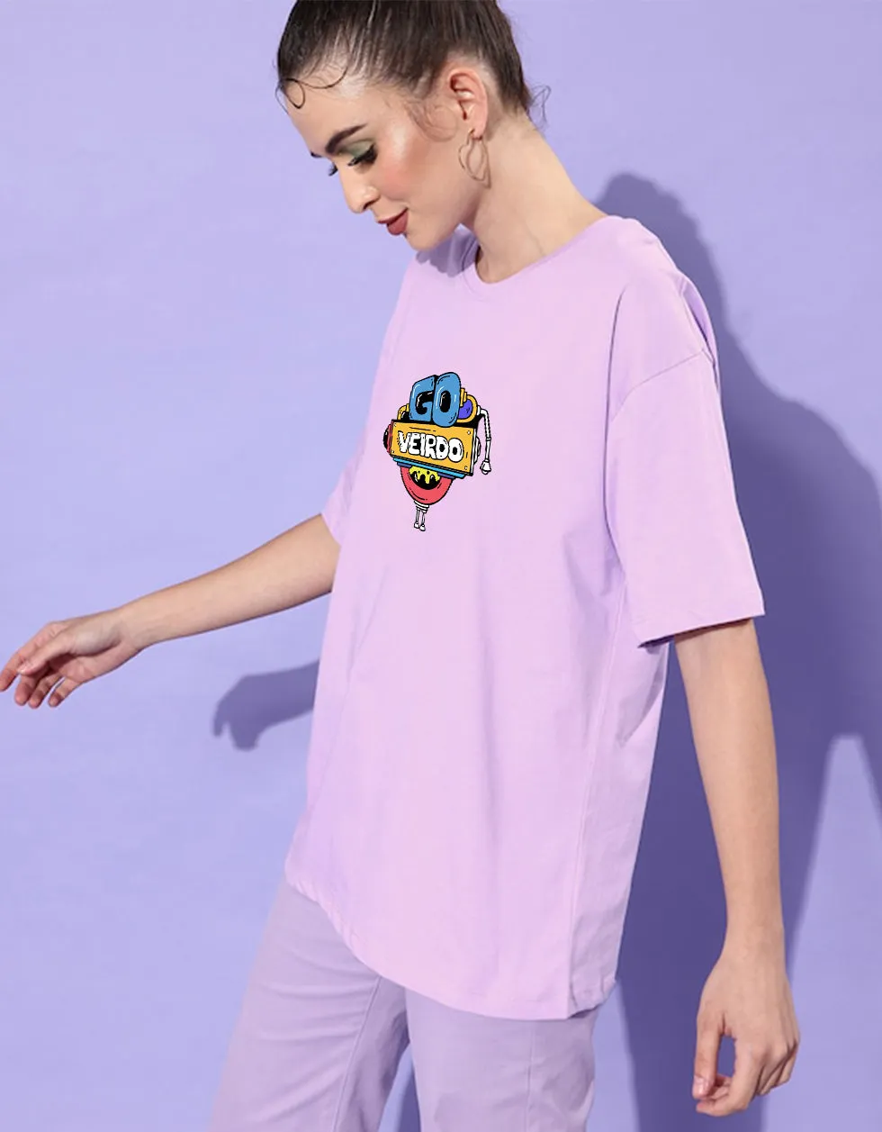 Doodle Print Lilac Oversized Women's T-Shirt