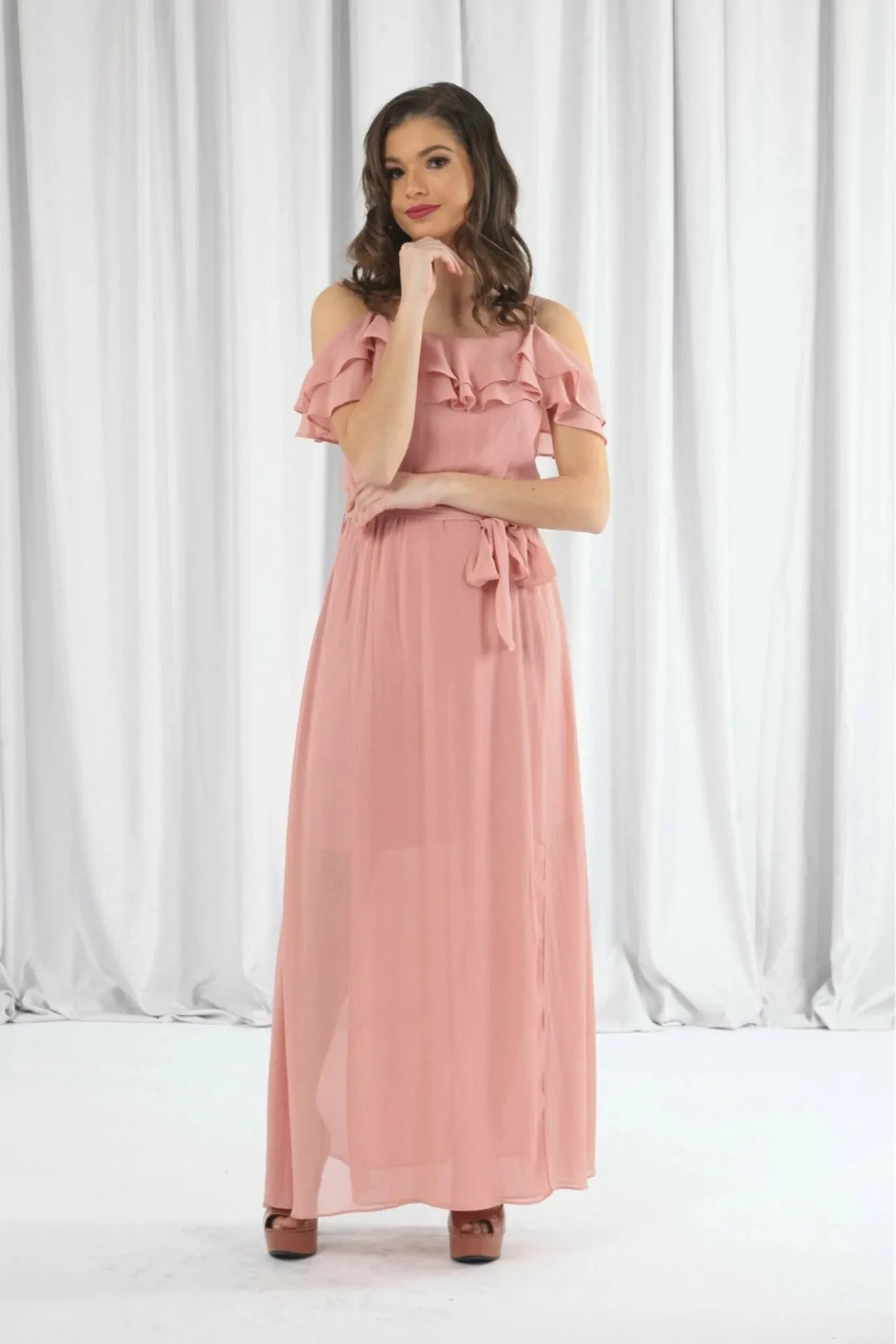 Double Second Pink Double Frill Off Shoulder Wrap Maxi Dress