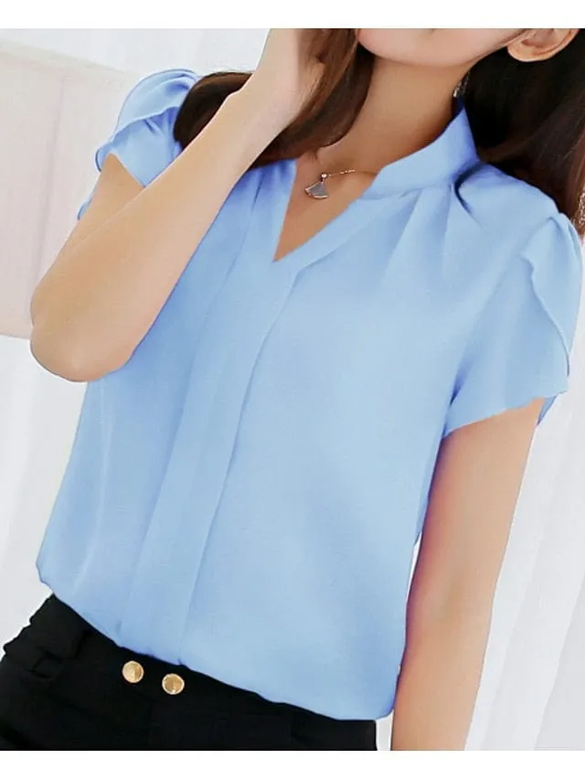 Elegant V-Neck Lace Sleeve Women's Shirt Blouse in Pastel Colors