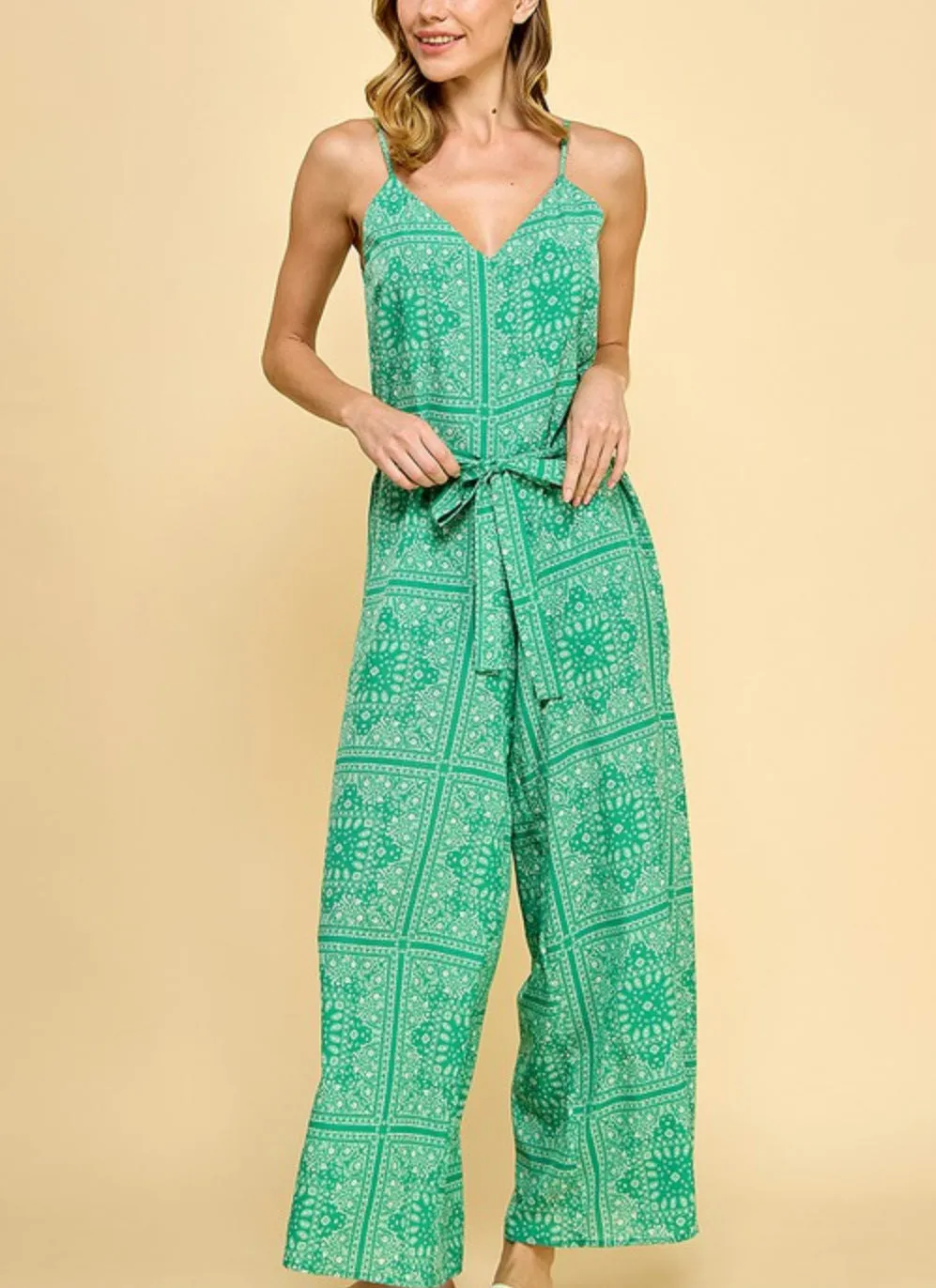 Green paisley scarf print long romper jumpsuit