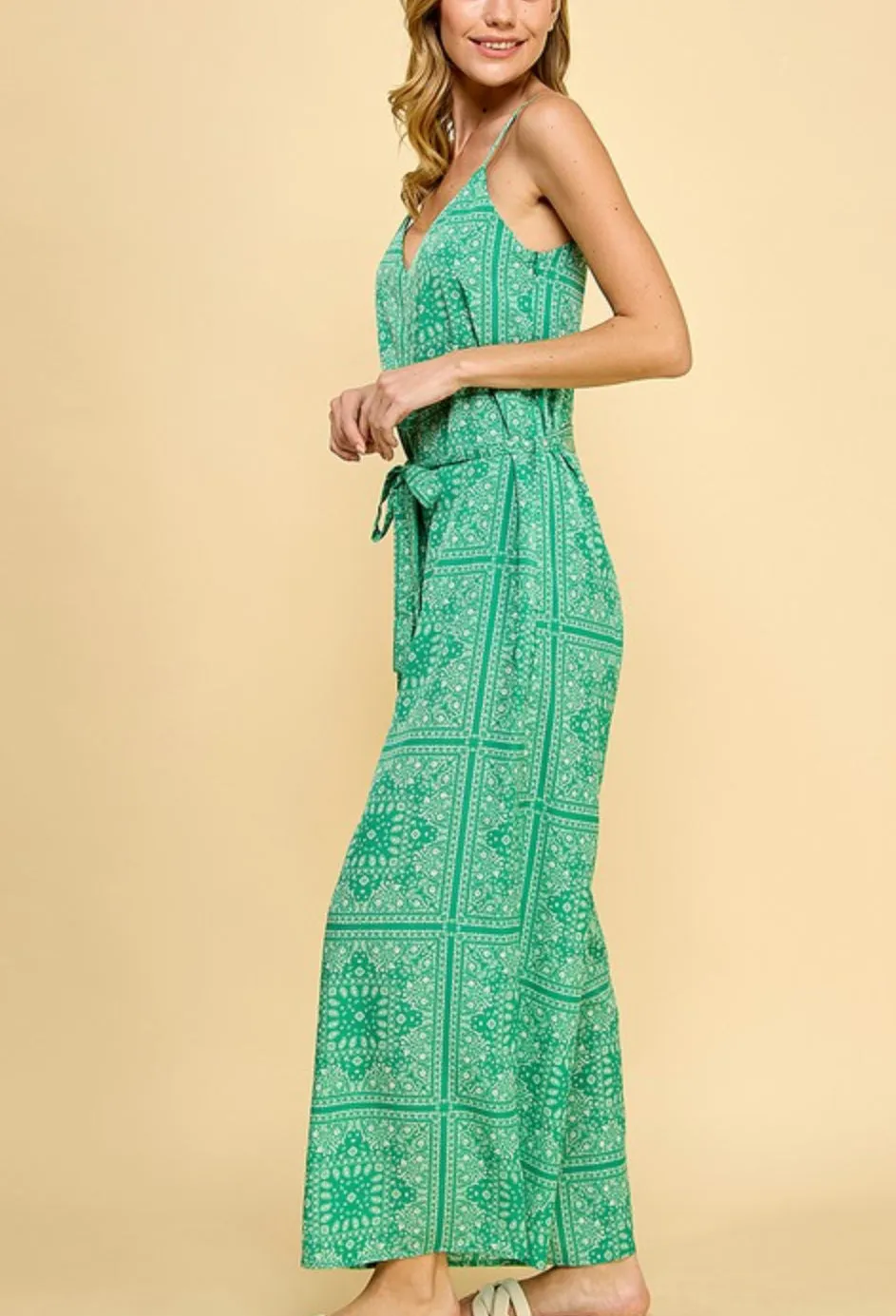 Green paisley scarf print long romper jumpsuit