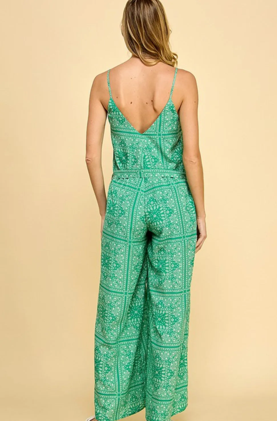 Green paisley scarf print long romper jumpsuit