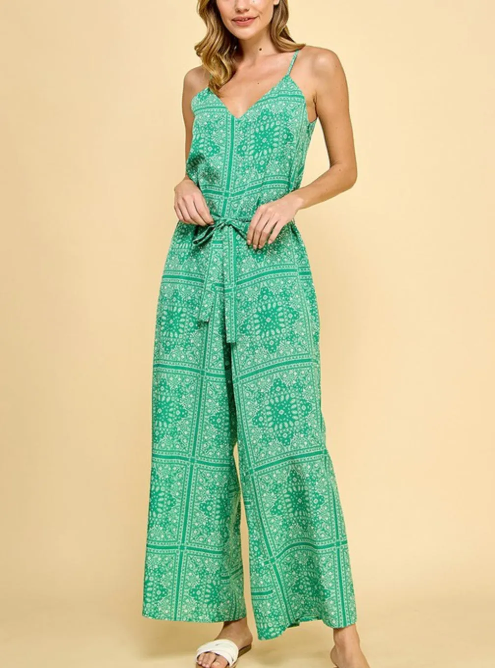 Green paisley scarf print long romper jumpsuit