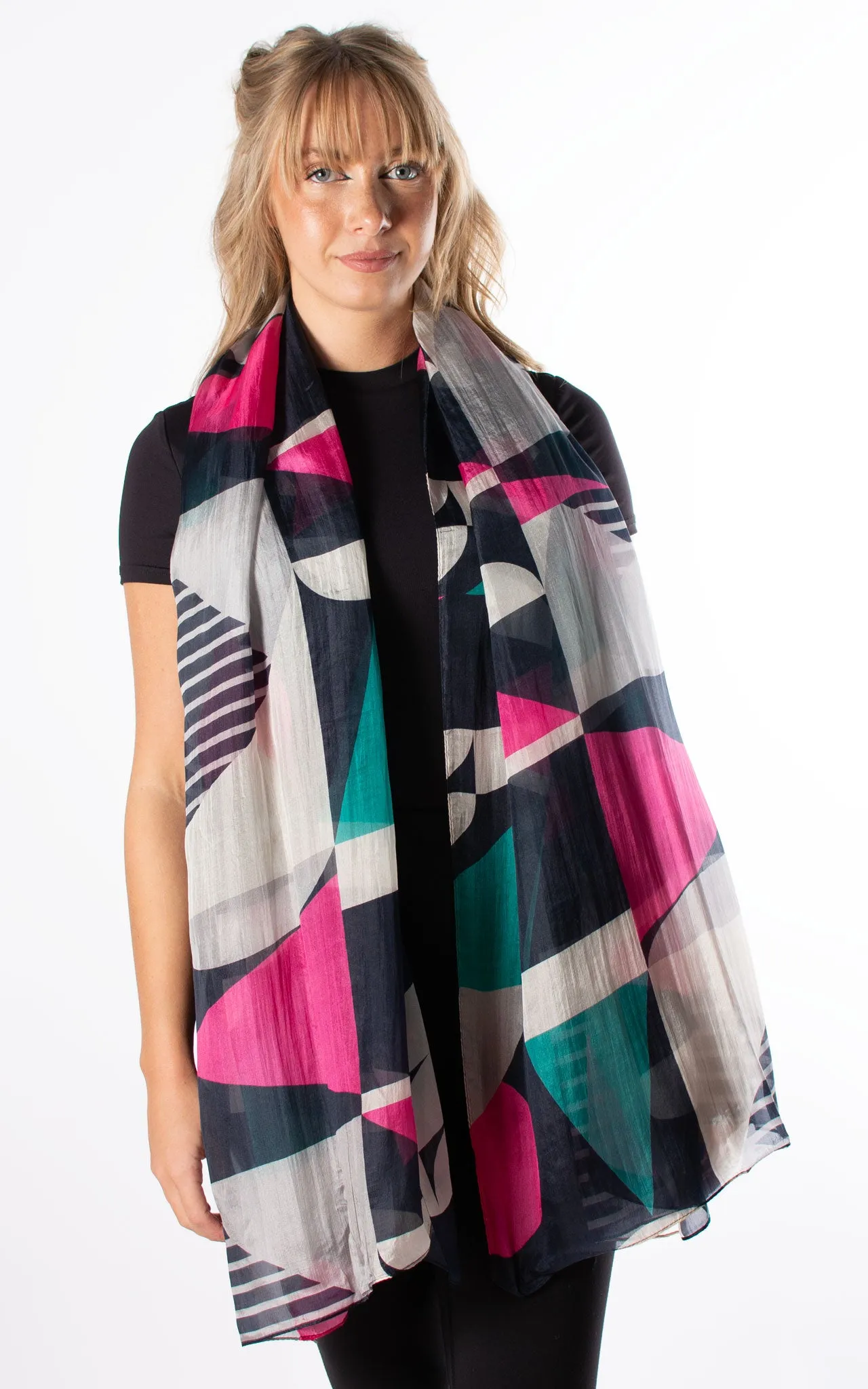 Hot Pink & Navy Geometric Silk Scarf