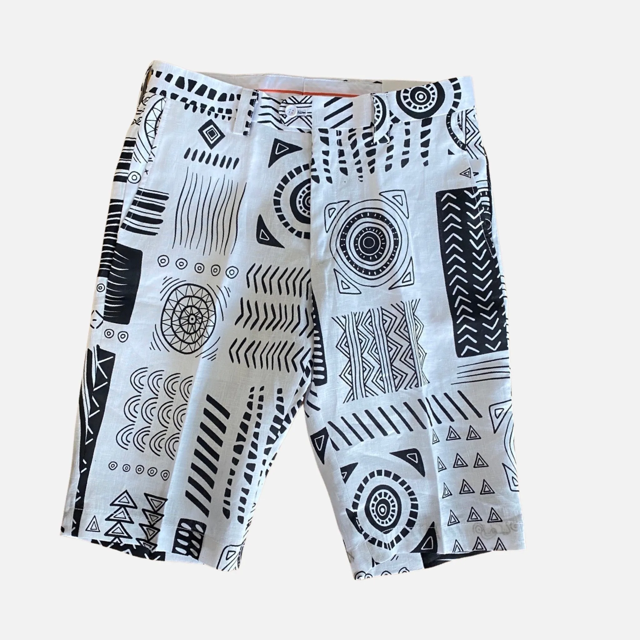 Inserch Linen Shorts ST913: White with Black Abstract Design