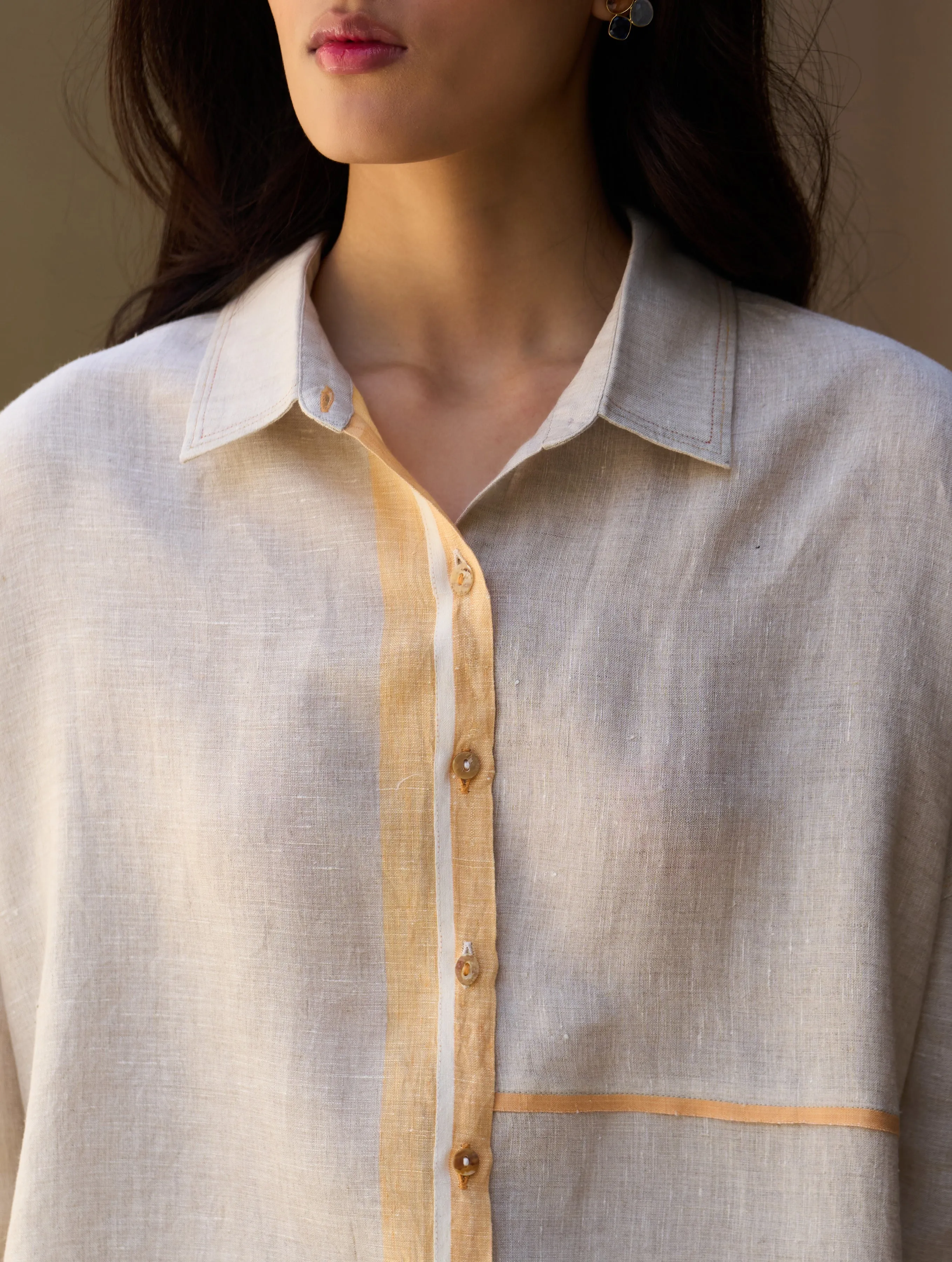 Isla Border Linen Shirt - Natural