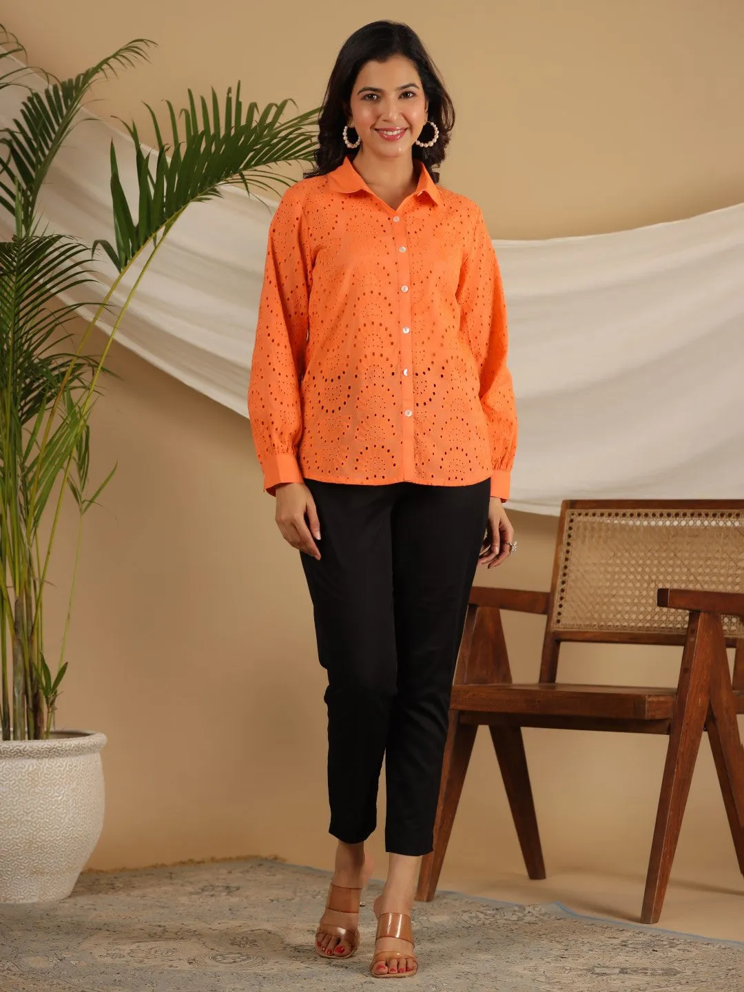 Juniper Orange Cotton Schiffli Women Solid Shirt With Broad Cuff