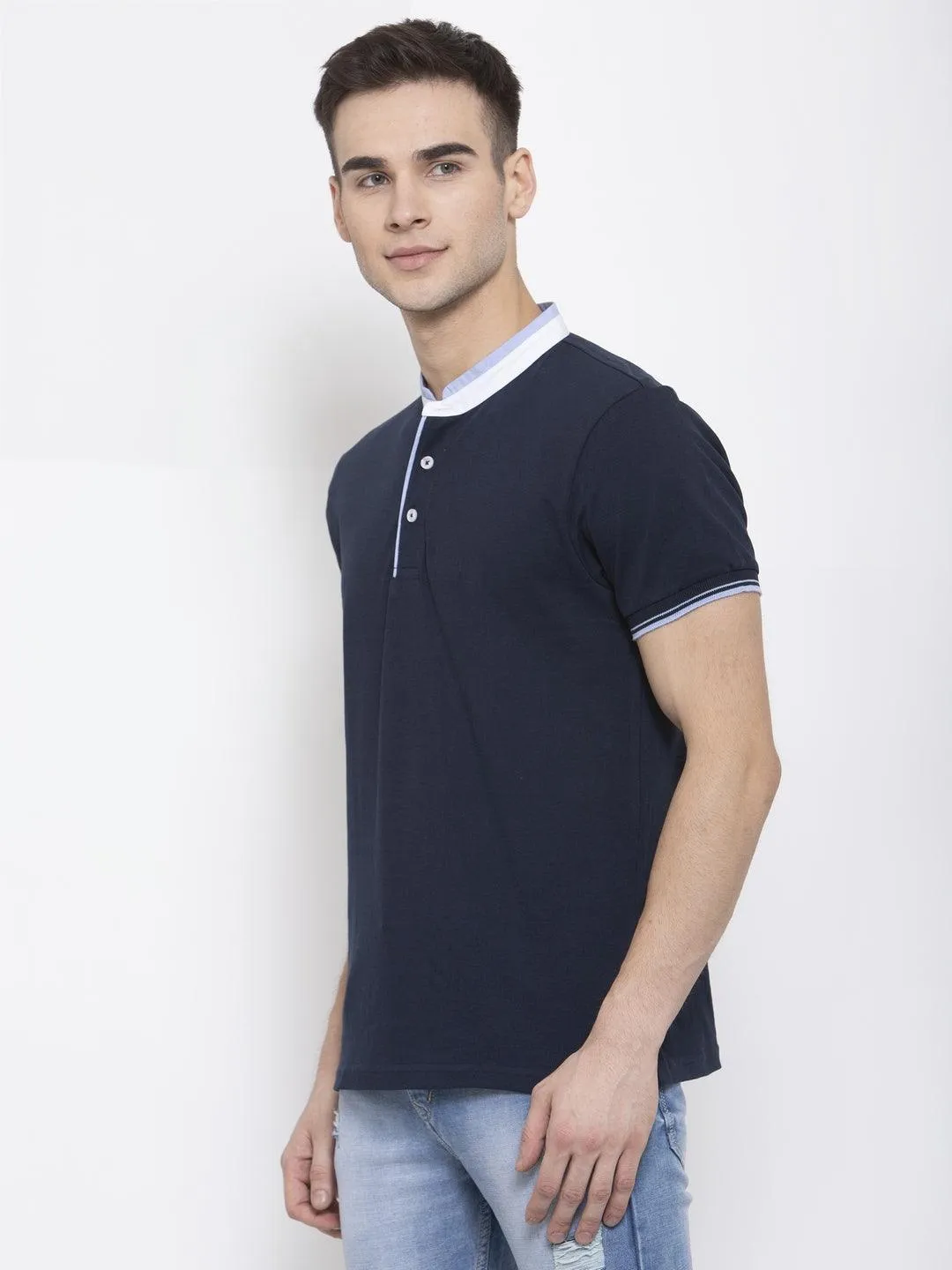 Men Navy Blue Solid Mandarin Collar T-shirt