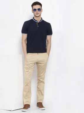 Men Navy Blue Solid Mandarin Collar T-shirt