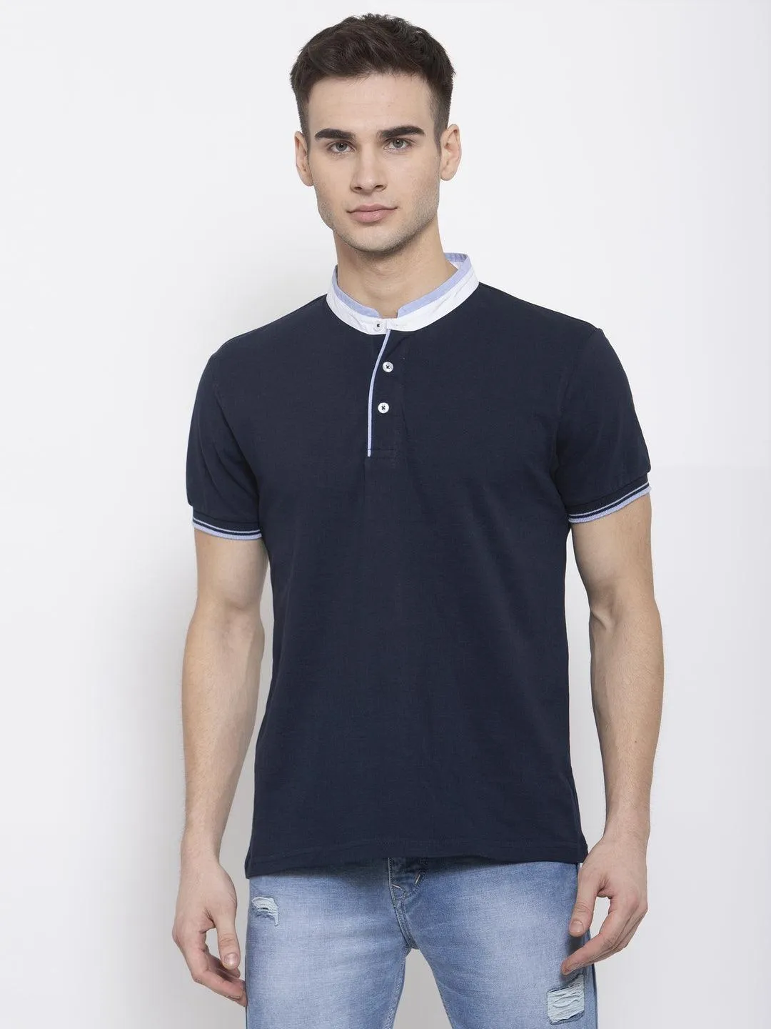 Men Navy Blue Solid Mandarin Collar T-shirt