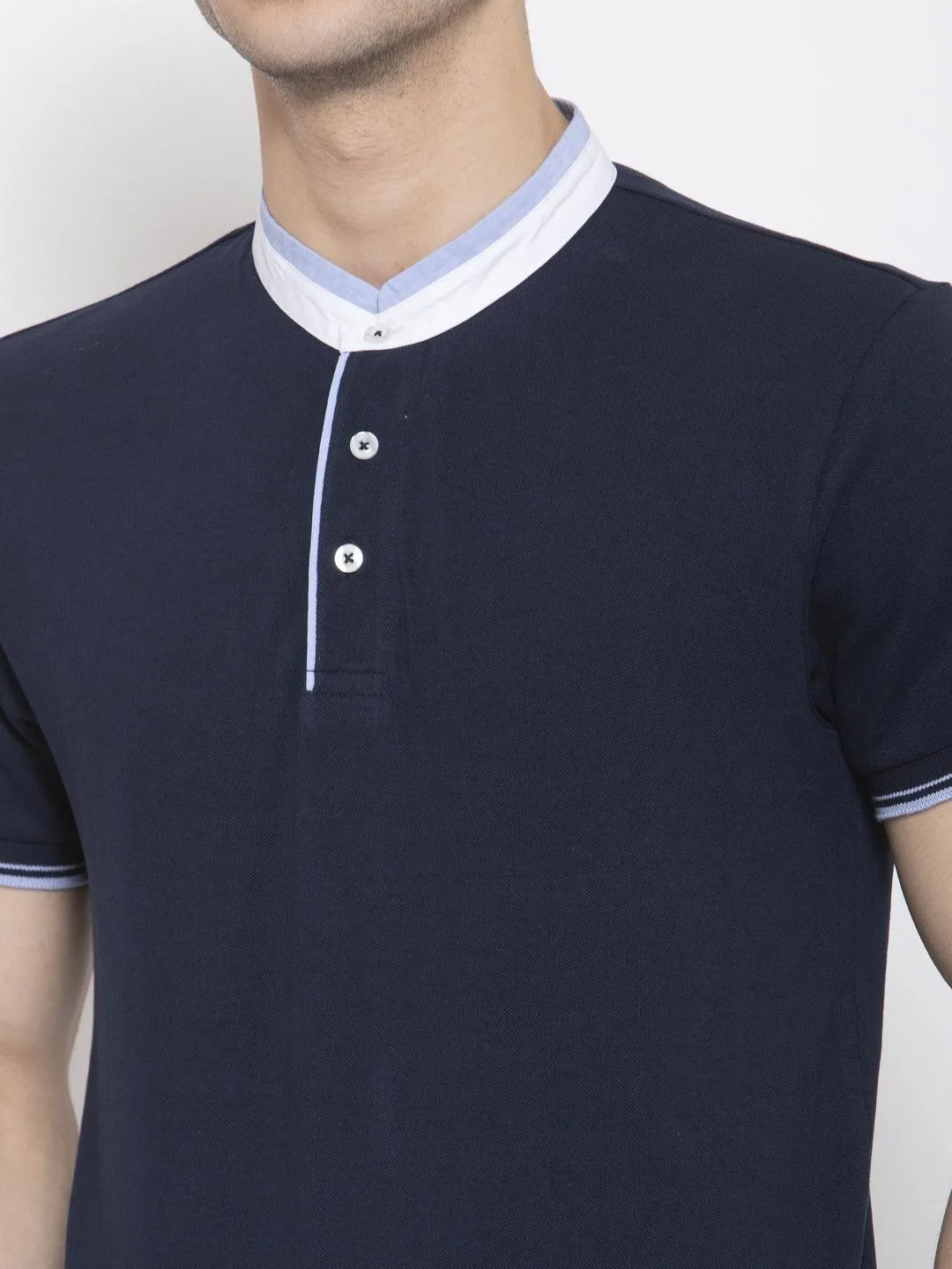 Men Navy Blue Solid Mandarin Collar T-shirt