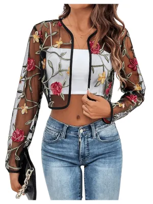 OYOANGLE Women's Floral Embroidered Open Front Crop Jackets Long Sleeve Mesh Summer Cardigan Tops Black Medium