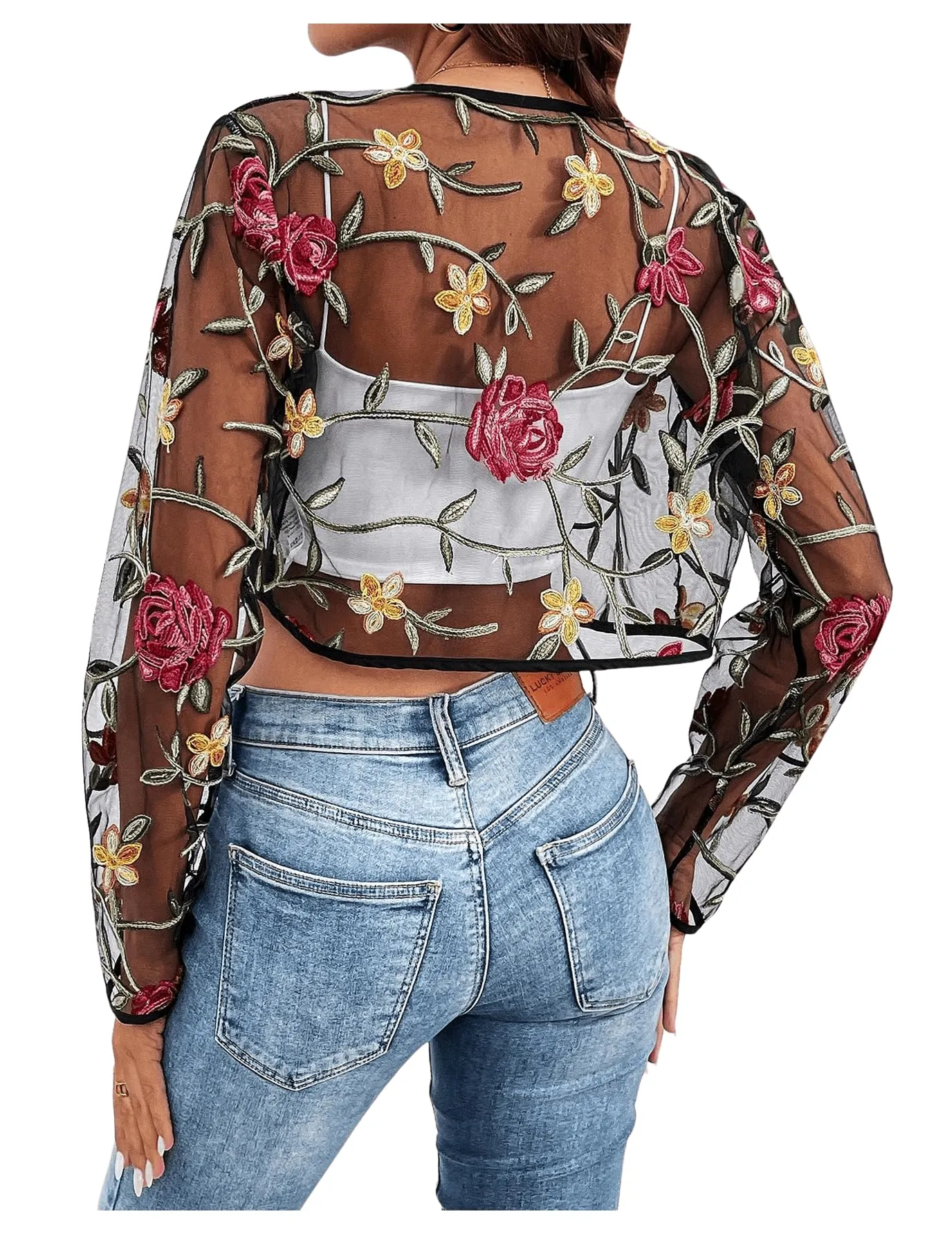 OYOANGLE Women's Floral Embroidered Open Front Crop Jackets Long Sleeve Mesh Summer Cardigan Tops Black Medium