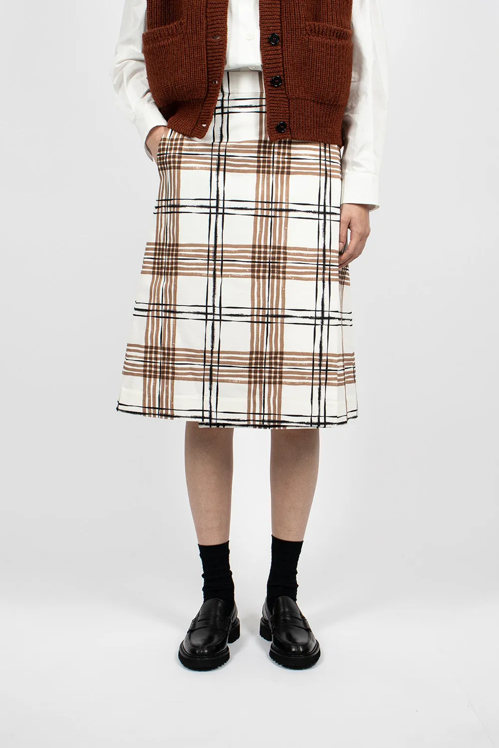 Painted Check Wrap Skirt Off-white/Black/Tan