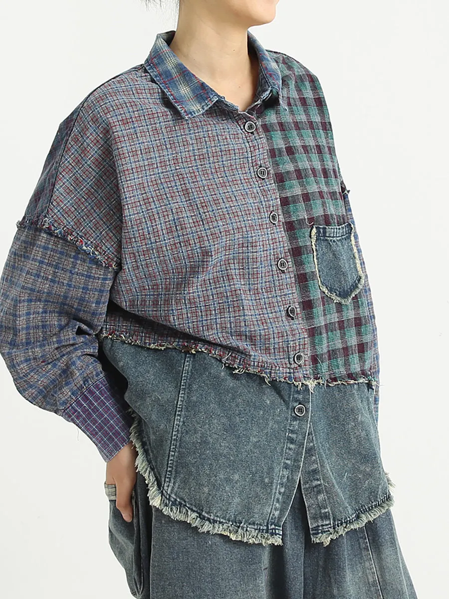 Patchwork Women Turndown Collar Denim Spring Shirt