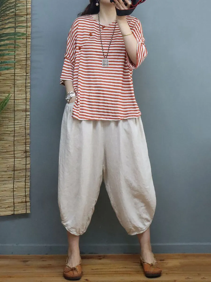 Plus Size Women Summer Vintage Stripe Linen Shirt SC1027