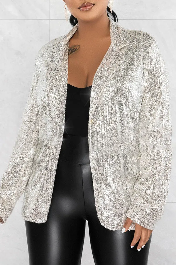 Shiny Sequin Lapel Button Front Blazer