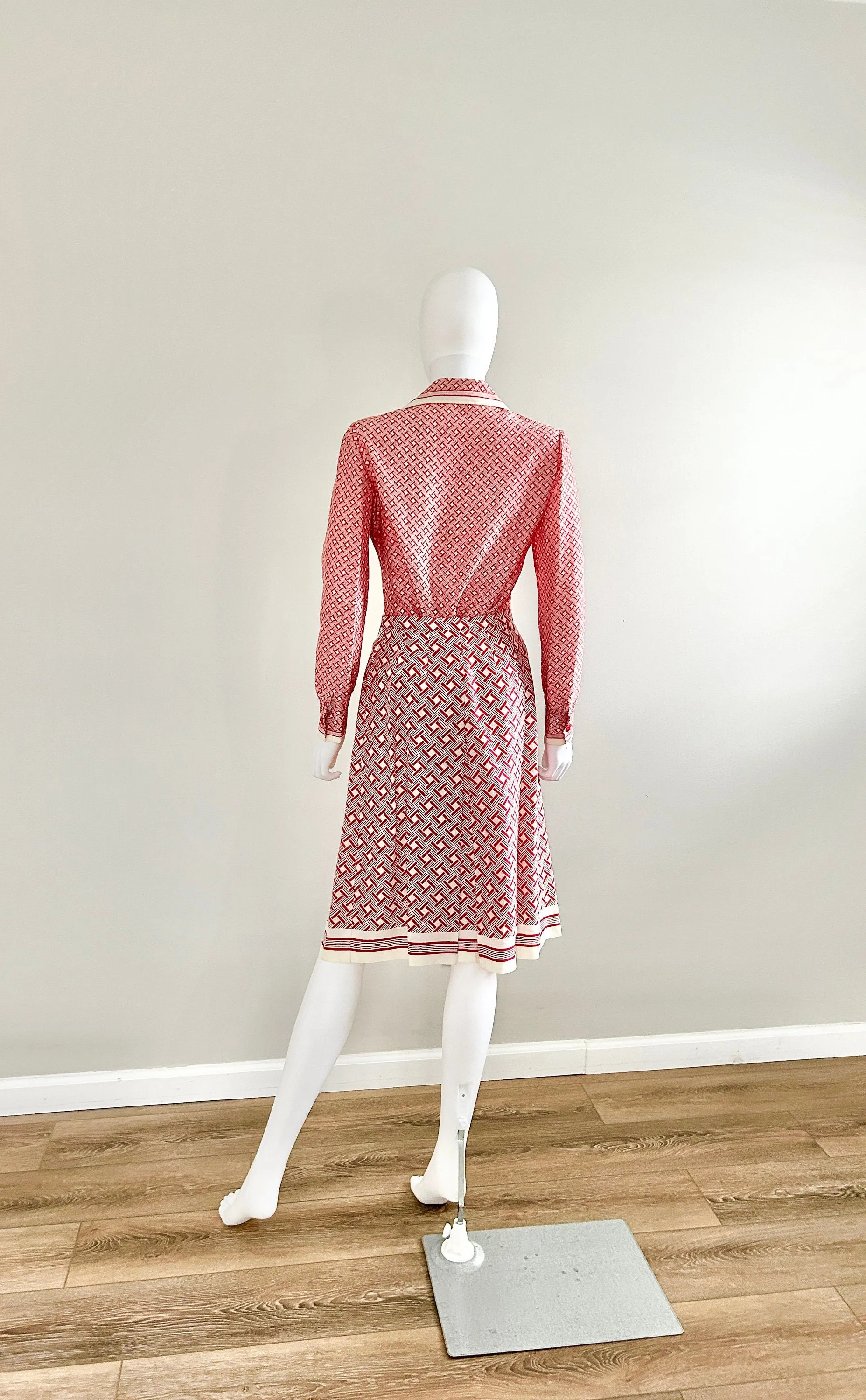 Vintage 1970s Nina Ricci Red Geometric Skirt and Blouse Set / 70s Couture / Size S