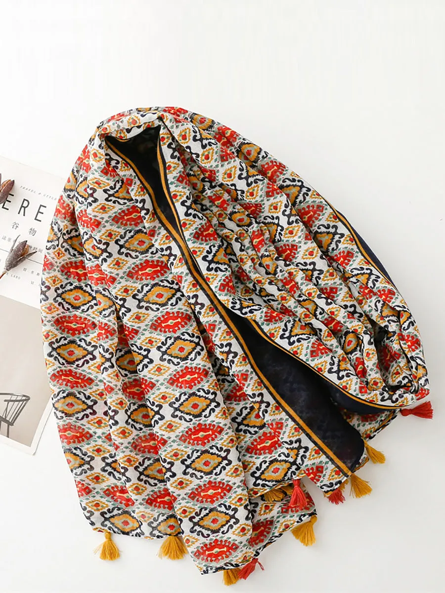 Women Ethnic Print Tassel Shawl Scarf KL1036