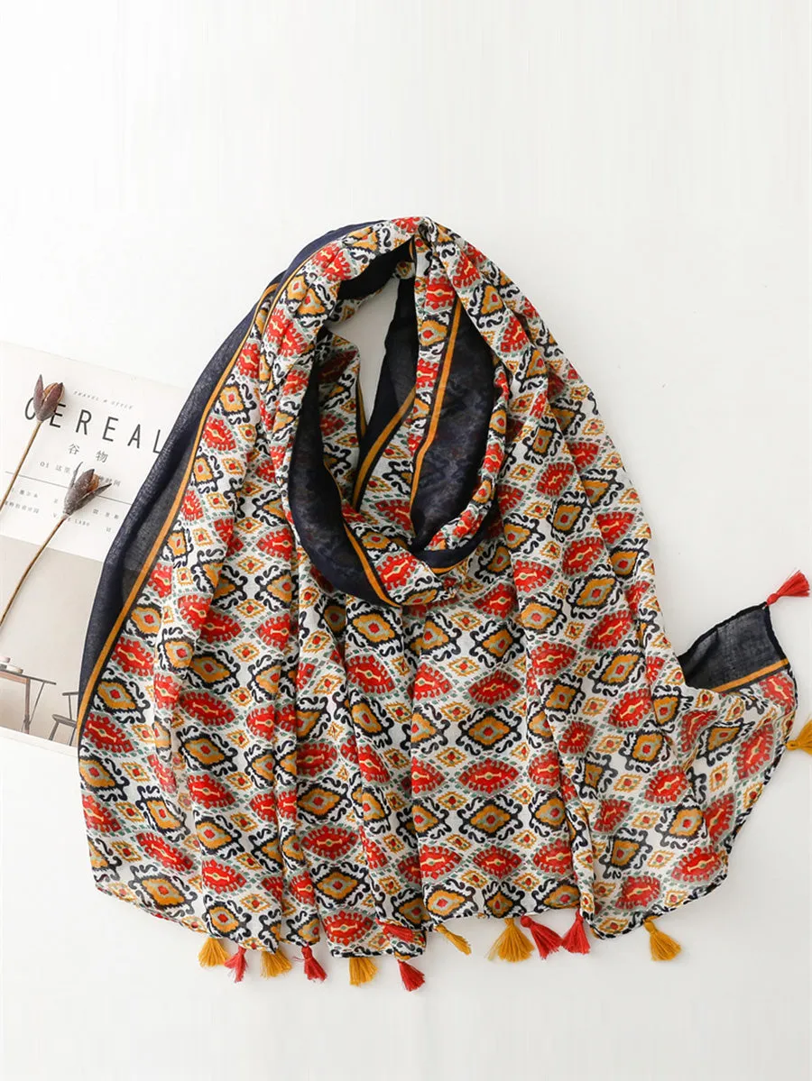 Women Ethnic Print Tassel Shawl Scarf KL1036