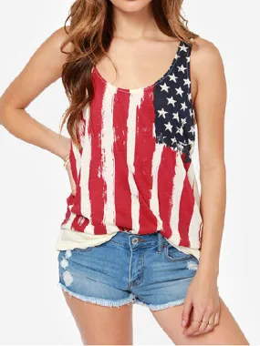 Women Sleeveless American Flag Print T-Shirt