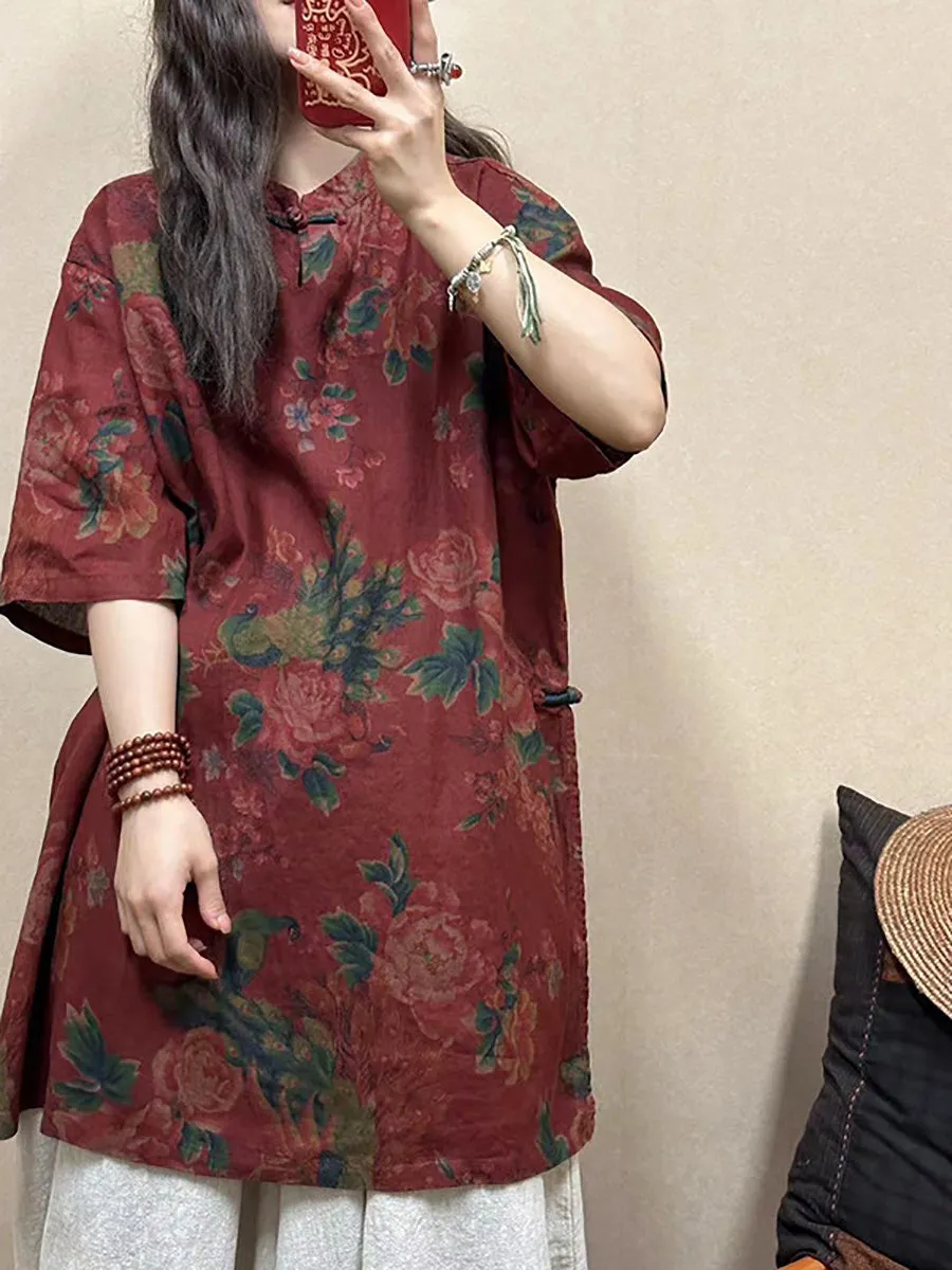 Women Vintage Flower Linen Summer Long Shirt CO1015